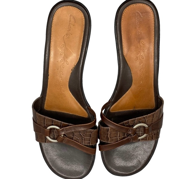 Clarks Brown Leather Faux Croc Heel Slip On Sandals 75676 Size‎ 9 M - Picture 11 of 15
